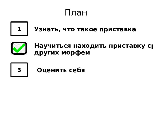 План 1 Узнать, что такое приставка Научиться находить приставку среди других морфем 3 Оценить себя 
