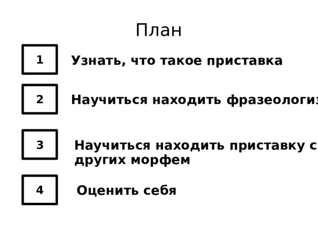 План 1 Узнать, что такое приставка 2 Научиться находить фразеологизмы 3 Научиться находить приставку среди других морфем 4 Оценить себя 
