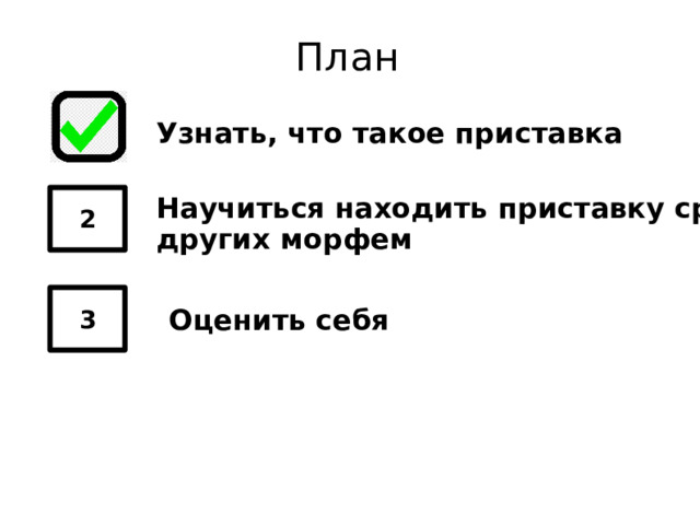 План Узнать, что такое приставка 2 Научиться находить приставку среди других морфем 3 Оценить себя 