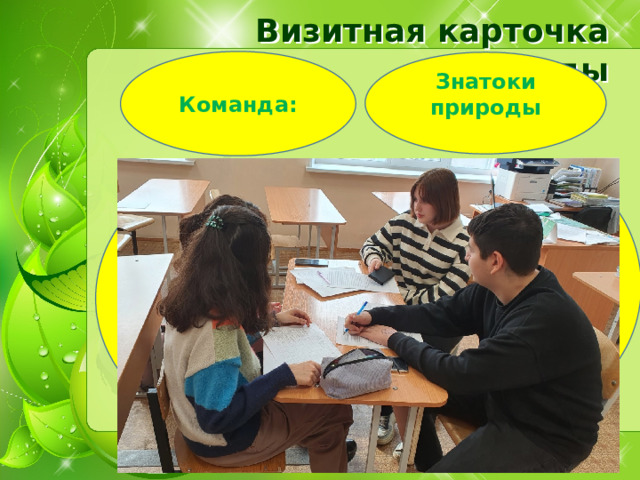 Визитная карточка команды Команда: Знатоки природы Девиз:  Природа удивительно прекрасна, люби ее и не губи напрасно! Состав команды: Джаббарова Зарина Гусейнов Саид Нурматова Парвина Сеидова Эльвира Шабалина Виктория 