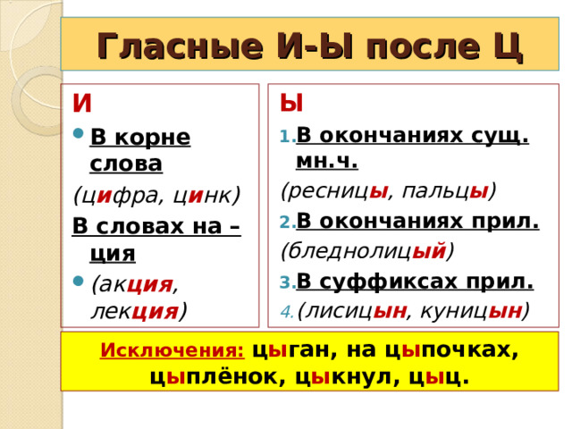 Гласные И-Ы после Ц И Ы В корне слова В окончаниях сущ. мн.ч. (ц и фра, ц и нк) В словах на –ция (ресниц ы , пальц ы ) (ак ция , лек ция ) В окончаниях прил. (бледнолиц ый ) В суффиксах прил. (лисиц ын , куниц ын )  Исключения:  ц ы ган, на ц ы почках, ц ы плёнок, ц ы кнул, ц ы ц. 