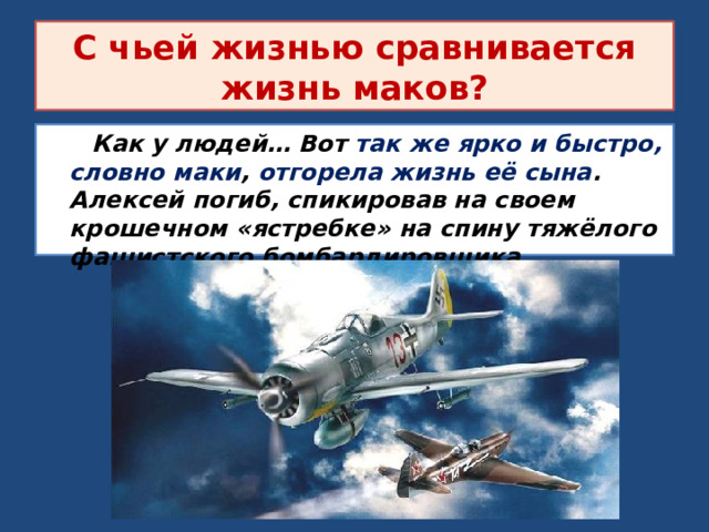С чьей жизнью сравнивается жизнь маков?  Как у людей… Вот так же ярко и быстро, словно маки , отгорела жизнь её сына . Алексей погиб, спикировав на своем крошечном «ястребке» на спину тяжёлого фашистского бомбардировщика… 