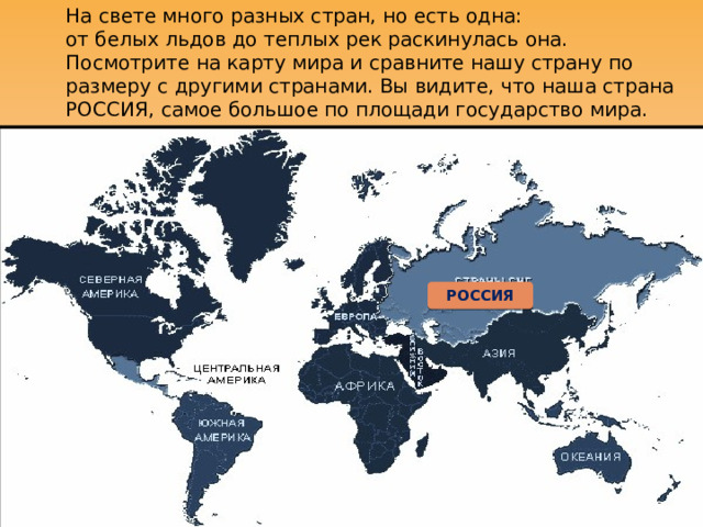 На свете много разных стран, но есть одна:  от белых льдов до теплых рек раскинулась она.  Посмотрите на карту мира и сравните нашу страну по размеру с другими странами. Вы видите, что наша страна РОССИЯ, самое большое по площади государство мира. РОССИЯ 