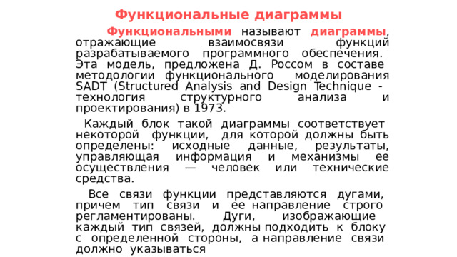  Функциональные диаграммы   Функциональными называют диаграммы , отражающие взаимосвязи функций разрабатываемого программного обеспечения. Эта модель, предложена Д. Россом в составе методологии функционального моделирования SADT (Structured Analysis and Design Technique - технология структурного анализа и проектирования) в 1973.  Каждый блок такой диаграммы соответствует некоторой функции, для которой должны быть определены: исходные данные, результаты, управляющая информация и механизмы ее осуществления — человек или технические средства.  Все связи функции представляются дугами, причем тип связи и ее направление строго регламентированы. Дуги, изображающие каждый тип связей, должны подходить к блоку с определенной стороны, а направление связи должно указываться  стрелкой в конце дуги. 