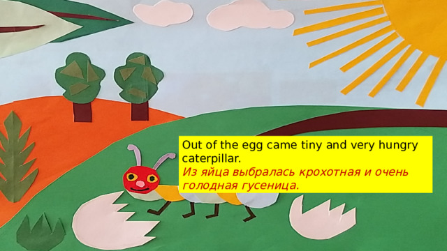 Out of the egg came tiny and very hungry caterpillar. Из яйца выбралась крохотная и очень голодная гусеница. 