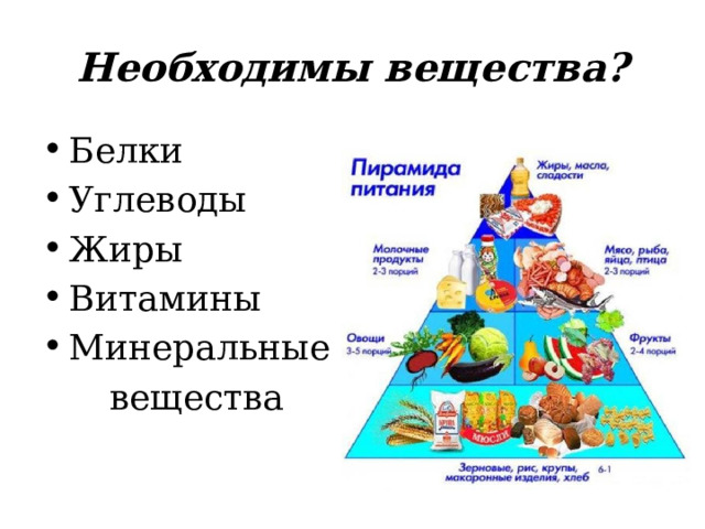 Необходимы вещества? Белки Углеводы Жиры Витамины Минеральные  вещества 