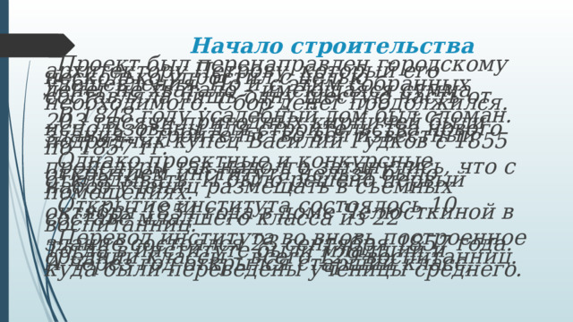 Начало строительства  Проект был перенаправлен городскому архитектору Петрову, который его несколько упростил с целью удешевления. Но и с этим собранных денег не хватало – имеющаяся сумма составляла лишь одну шестую часть от необходимого. Сбор денег продолжился.    В 1848 году усадебный дом был сломан. 203 тысячи пригодных кирпичей были использованы для строительства нового здания. Строительство вёл известный подрядчик купец Василий Гудков с 1855 по 1857 гг.    Однако проектные и конкурсные процедуры так надолго затянулись, что с открытием института нельзя было откладывать. И было решено первый набор учениц размещать в съемных помещениях.    Открытие института состоялось 10 октября 1854 года в доме Челюсткиной в составе младшего класса из 22 воспитанниц.    Перевод института во вновь построенное здание состоялся 23 сентября 1857 года. Тогда в институте были младший и средний классы – всего 129 воспитанниц. А через год открылся старший класс, куда были переведены ученицы среднего.  