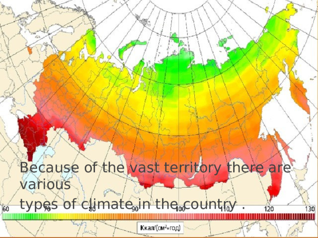 Because of the vast territory there are various types of climate in the country . 