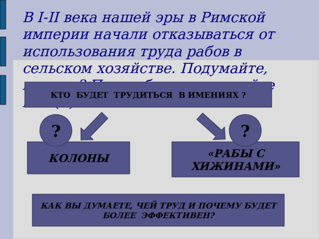 В I-II века нашей эры в Римской империи начали отказываться от использования труда рабов в сельском хозяйстве. Подумайте, почему? При работе используйте п.57(1) КТО БУДЕТ ТРУДИТЬСЯ В ИМЕНИЯХ ? ? ? КОЛОНЫ «РАБЫ С ХИЖИНАМИ» КАК ВЫ ДУМАЕТЕ, ЧЕЙ ТРУД И ПОЧЕМУ БУДЕТ БОЛЕЕ ЭФФЕКТИВЕН? 