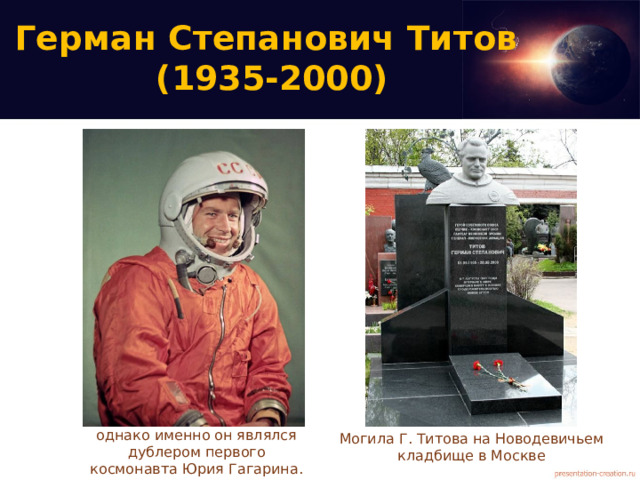 Герман Степанович Титов  (1935-2000) Могила Г. Титова на Новодевичьем кладбище в Москве Ему было всего 25 лет, однако именно он являлся дублером первого космонавта Юрия Гагарина. 