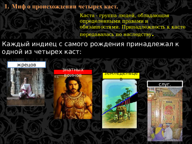 Каста - группа людей, обладающая определенными правами и обязанностями. Принадлежность к касте передавалась по наследству . Каждый индиец с самого рождения принадлежал к одной из четырех каст: жрецов знатных воинов земледельцев слуг.  