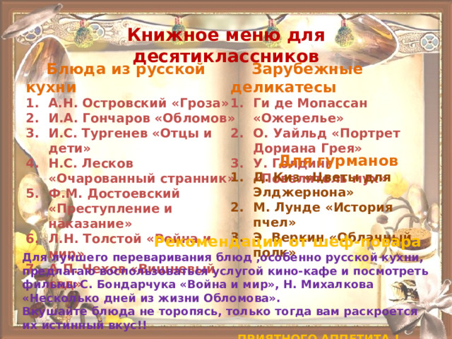 Книжное меню для десятиклассников  Блюда из русской кухни  Зарубежные деликатесы А.Н. Островский «Гроза» И.А. Гончаров «Обломов» И.С. Тургенев «Отцы и дети» Н.С. Лесков «Очарованный странник» Ф.М. Достоевский «Преступление и наказание» Л.Н. Толстой «Война и мир» А.П. Чехов «Вишневый сад» Ги де Мопассан «Ожерелье» О. Уайльд «Портрет Дориана Грея» У. Голдинг «Повелитель мух»   Для гурманов Д. Киз «Цветы для Элджернона» М. Лунде «История пчел» Э. Веркин «Облачный полк»   Рекомендации от шеф-повара Для лучшего переваривания блюд ,особенно русской кухни, предлагаю воспользоваться услугой кино-кафе и посмотреть фильмы С. Бондарчука «Война и мир», Н. Михалкова «Несколько дней из жизни Обломова». Вкушайте блюда не торопясь, только тогда вам раскроется их истинный вкус!!  ПРИЯТНОГО АППЕТИТА ! 