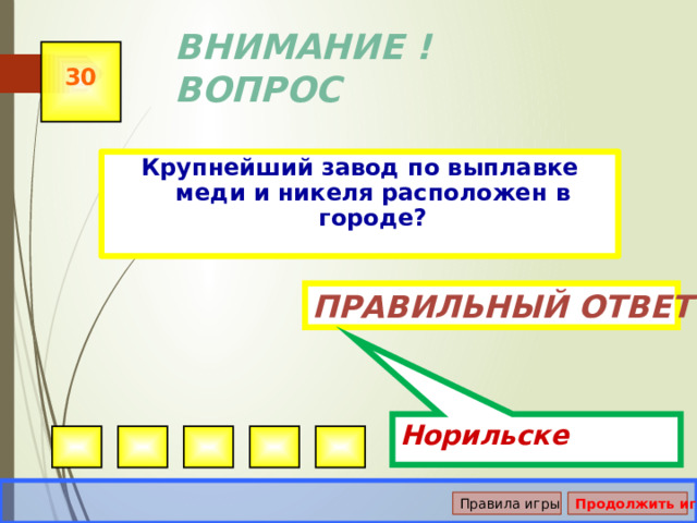 Норильске ВНИМАНИЕ ! ВОПРОС 30 Крупнейший завод по выплавке меди и никеля расположен в городе? Правильный ответ Правила игры Продолжить игру 