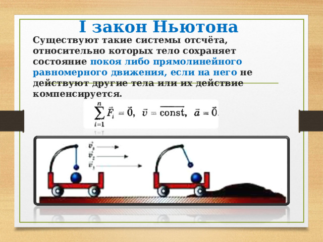 I закон Ньютона Существуют такие системы отсчёта, относительно которых тело сохраняет состояние покоя либо прямолинейного равномерного движения, если на него не действуют другие тела или их действие компенсируется. 