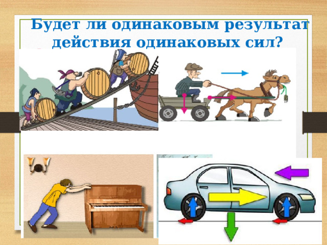 Будет ли одинаковым результат действия одинаковых сил? 