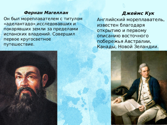  Фернан Магеллан Он был мореплавателем с титулом «аделантадо»,исследовавших и покорявших земли за пределами испанских владений. Совершил первое кругосветное путешествие.     Джеймс Кук Английский мореплаватель, известен благодаря открытию и первому описанию восточного побережья Австралии, Канады, Новой Зеландии. 
