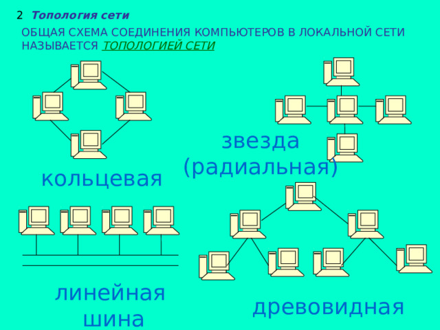 Топология сети 2 ОБЩАЯ СХЕМА СОЕДИНЕНИЯ КОМПЬЮТЕРОВ В ЛОКАЛЬНОЙ СЕТИ НАЗЫВАЕТСЯ  ТОПОЛОГИЕЙ СЕТИ звезда (радиальная) кольцевая линейная  шина древовидная 