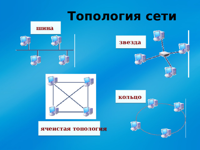 Топология сети шина  звезда  кольцо  ячеистая топология  
