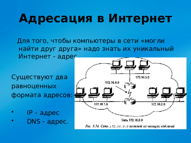 Адресация в Интернет  Для того, чтобы компьютеры в сети «могли найти друг друга» надо знать их уникальный Интернет - адрес. Существуют два равноценных формата адресов:  IP – адрес  DNS - адрес. 