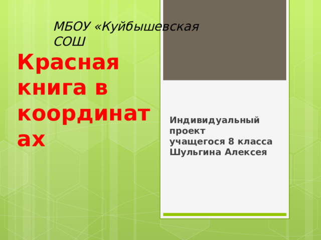 МБОУ «Куйбышевская СОШ Красная книга в координатах Индивидуальный проект  учащегося 8 класса Шульгина Алексея 