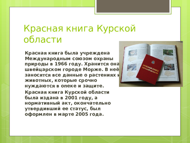 Красная книга Курской области Красная книга была учреждена Международным союзом охраны природы в 1966 году. Хранится она в швейцарском городе Морже. В неё заносятся все данные о растениях и животных, которые срочно нуждаются в опеке и защите. Красная книга Курской области была издана в 2001 году, а нормативный акт, окончательно утвердивший ее статус, был оформлен в марте 2005 года.  