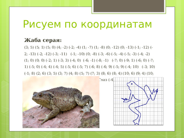 Рисуем по координатам Жаба серая:  (3; 5) (5; 1) (5; 0) (4; -2) (-2; -4) (1; -7) (1; -8) (0; -12) (0; -13) (-1; -12) (-2; -13) (-2; -12) (-3; -11)   (-1; -10) (0; -8) (-3; -6) (-5; -4) (-5; -3) (-4; -2) (1; 0) (0; 0) (-2; 1) (-3; 3) (-4; 0) (-6; -1) (-8; -1)   (-7; 0) (-9; 1) (-6; 0) (-7; 1) (-5; 0) (-4; 4) (-4; 5) (-5; 6) (-5; 7) (-6; 8) (-6; 9) (-5; 9) (-4; 10)   (-3; 10) (-1; 8) (2; 6) (3; 5) (3; 7) (4; 8) (5; 7) (7; 3) (8; 6) (8; 4) (10; 6) (9; 4) (10; 5)   (9; 3) (8; 0) (7; 0) (6; 3) (6; 1) (5; 0)   Глаз (-4,5; 8,5)       