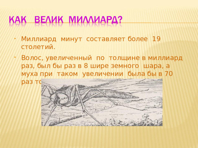 Миллиард минут составляет более 19 столетий. Волос, увеличенный по толщине в миллиард раз, был бы раз в 8 шире земного шара, а муха при таком увеличении была бы в 70 раз толще Солнца. 