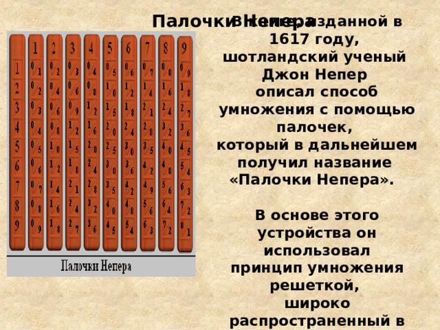 Палочки Непера В книге, изданной в 1617 году, шотландский ученый Джон Непер описал способ умножения с помощью палочек, который в дальнейшем получил название «Палочки Непера».  В основе этого устройства он использовал принцип умножения решеткой, широко распространенный в XVII веке. 