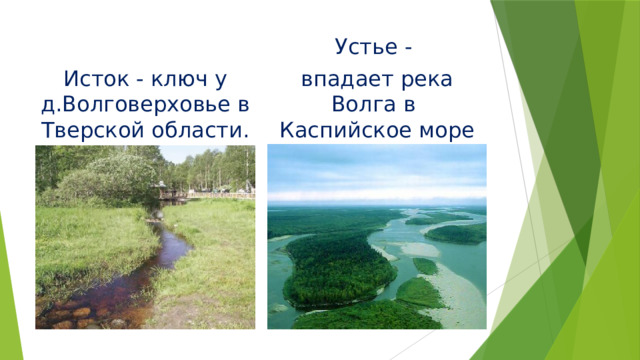 Исток - ключ у д.Волговерховье в Тверской области. Устье - впадает река Волга в Каспийское море 