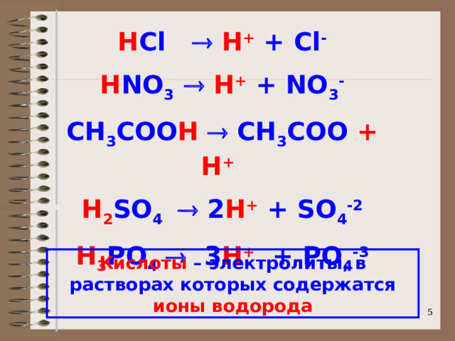 H Cl   H + + Cl - H NO 3   H + + NO 3 - CH 3 COO H  CH 3 COO + H +  H 2 SO 4  2 H + + SO 4 -2 H 3 PO 4   3 H + + PO 4 -3 Кислоты – электролиты, в растворах которых содержатся ионы водорода  