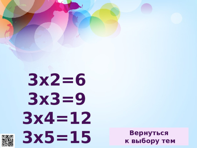 3х2=6  3х3=9  3х4=12  3х5=15  3х6=18  3х7=21  3х8=24  3х9=27 
