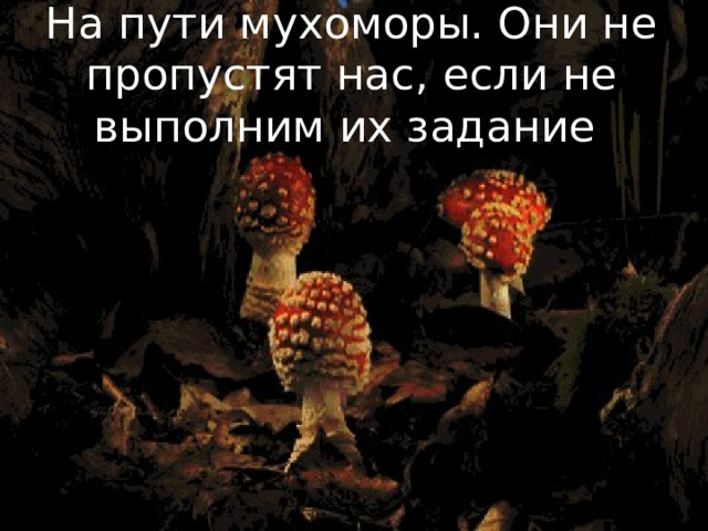 На пути мухоморы. Они не пропустят нас, если не выполним их задание 