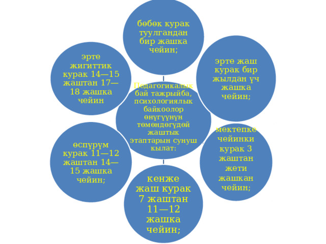 бөбөк курак туулгандан бир жашка чейин ; .   эрте жаш курак бир жылдан үч жашка чейин; эрте жигиттик курак 14—15 жаштан 17—18 жашка чейин Педагогикалык бай тажрыйба, психологиялык байкоолор өнүгүүнүн төмөндөгүдөй жаштык этаптарын сунуш кылат:   өспүрүм курак 11—12 жаштан 14—15 жашка чейин; мектепке чейинки курак 3 жаштан жети жашкан чейин; кенже жаш курак 7 жаштан 11—12 жашка чейин; 