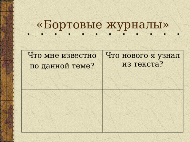 «Бортовые журналы» Что мне известно по данной теме? Что нового я узнал из текста? 