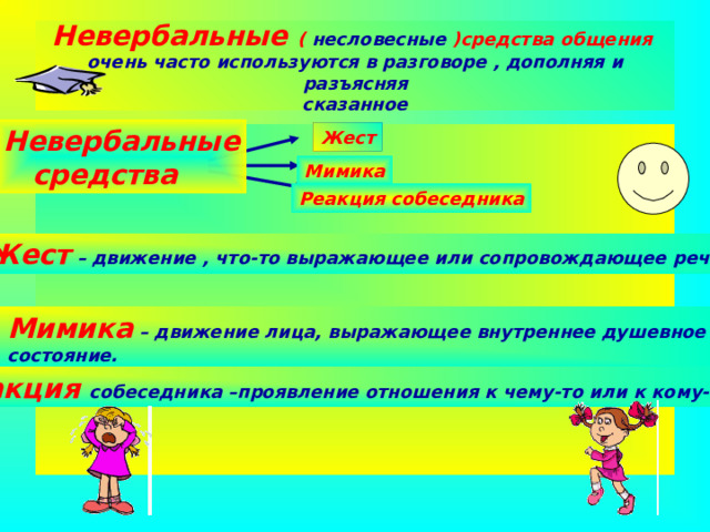 Невербальные ( несловесные )средства общения очень  часто используются в разговоре , дополняя и разъясняя  сказанное Невербальные  средства Жест  Мимика Реакция собеседника Жест – движение , что-то выражающее или сопровождающее речь. Мимика – движение лица, выражающее внутреннее душевное состояние. Реакция  собеседника –проявление отношения к чему-то или к кому-то 