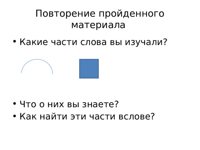 Повторение пройденного материала Какие части слова вы изучали? Что о них вы знаете? Как найти эти части вслове? 