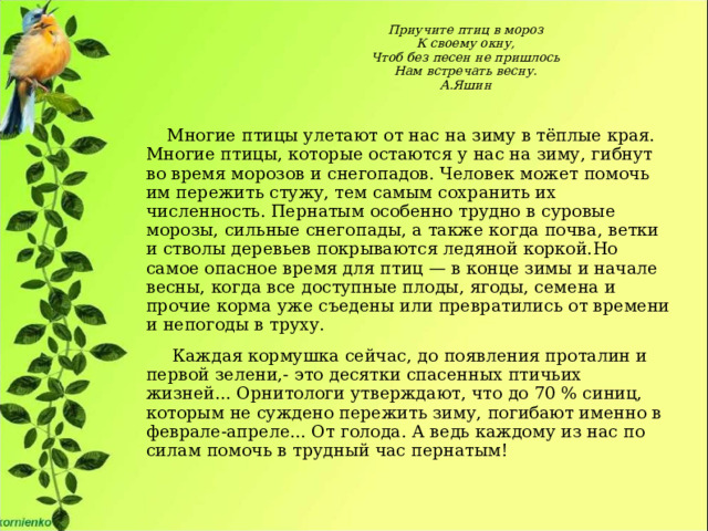 Приучите птиц в мороз  К своему окну,  Чтоб без песен не пришлось  Нам встречать весну.  А.Яшин    Многие птицы улетают от нас на зиму в тёплые края. Многие птицы, которые остаются у нас на зиму, гибнут во время морозов и снегопадов. Человек может помочь им пережить стужу, тем самым сохранить их численность. Пернатым особенно трудно в суровые морозы, сильные снегопады, а также когда почва, ветки и стволы деревьев покрываются ледяной коркой.Но самое опасное время для птиц — в конце зимы и начале весны, когда все доступные плоды, ягоды, семена и прочие корма уже съедены или превратились от времени и непогоды в труху.  Каждая кормушка сейчас, до появления проталин и первой зелени,- это десятки спасенных птичьих жизней... Орнитологи утверждают, что до 70 % синиц, которым не суждено пережить зиму, погибают именно в феврале-апреле... От голода. А ведь каждому из нас по силам помочь в трудный час пернатым! 