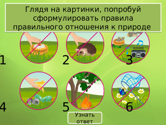 Глядя на картинки, попробуй сформулировать правила правильного отношения к природе 1 2 3 4 5 6 Узнать ответ 