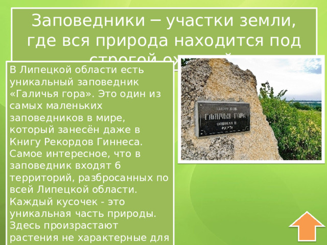 Заповедники ─ участки земли, где вся природа находится под строгой охраной. В Липецкой области есть уникальный заповедник «Галичья гора». Это один из самых маленьких заповедников в мире, который занесён даже в Книгу Рекордов Гиннеса. Самое интересное, что в заповедник входят 6 территорий, разбросанных по всей Липецкой области. Каждый кусочек - это уникальная часть природы. Здесь произрастают растения не характерные для этой местности и соответственно живет своя фауна. 