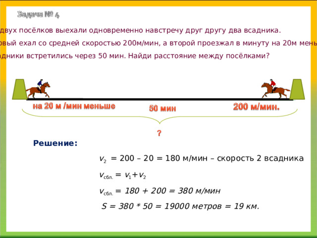 Из двух посёлков выехали одновременно навстречу друг другу два всадника. Первый ехал со средней скоростью 200м/мин, а второй проезжал в минуту на 20м меньше. Всадники встретились через 50 мин. Найди расстояние между посёлками? Решение:  v 2 = 200 – 20 = 180 м/мин – скорость 2 всадника  v сбл.  =  v 1 + v 2  v сбл.  =  180 + 200 = 380 м/мин  S = 380 * 50 = 19000 метров = 19 км.     