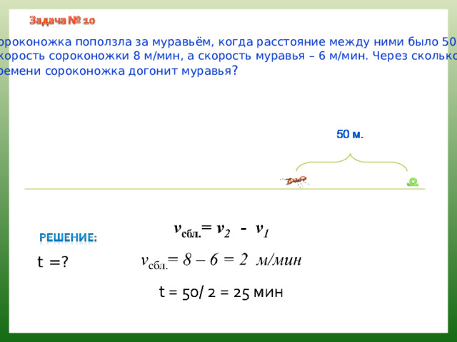 Сороконожка поползла за муравьём, когда расстояние между ними было 50 м. Скорость сороконожки 8 м/мин, а скорость муравья – 6 м/мин. Через сколько времени сороконожка догонит муравья ? t = ? 