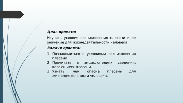 Цель проекта: Изучить условия возникновения плесени и ее значение для жизнедеятельности человека. Задачи проекта: Познакомиться с условиями возникновения плесени. Прочитать в энциклопедиях сведения, касающиеся плесени. Узнать, чем опасна плесень для жизнедеятельности человека. 