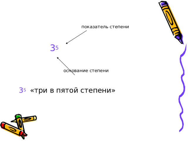  показатель степени    3 5  основание степени   3 5 «три в пятой степени» 