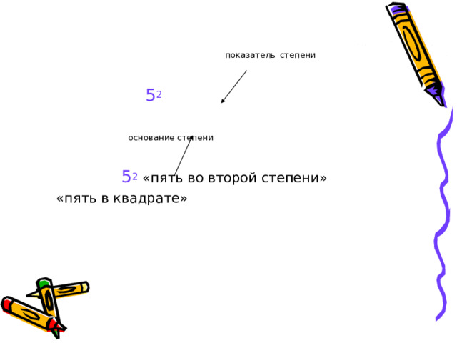  показатель  степени  5 2  основание степени  5 2 «пять во второй степени»  «пять в квадрате» 
