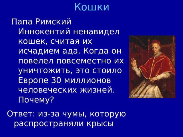 Кошки Ответ: из-за чумы, которую распространяли крысы 