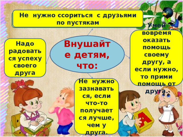 Не нужно ссориться с друзьями по пустякам Умей вовремя оказать помощь своему другу, а если нужно, то прими помощь от друга. Внушайте детям, что: Надо радоваться успеху своего друга Не нужно зазнаваться, если что-то получается лучше, чем у друга. 