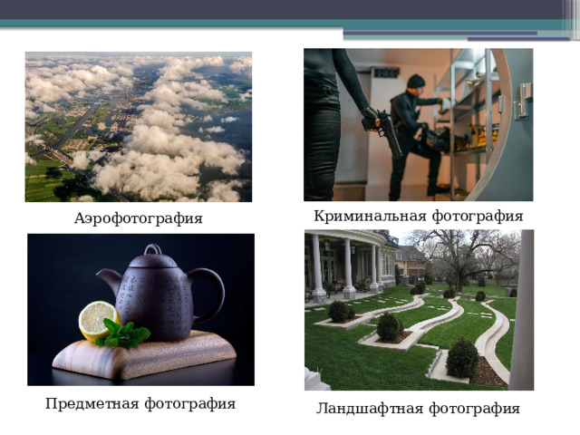 Криминальная фотография Аэрофотография Предметная фотография Ландшафтная фотография 