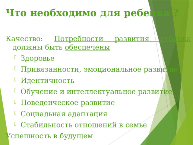 Что необходимо для ребенка ? Качество: Потребности развития ребенка должны быть обеспечены Здоровье Привязанности, эмоциональное развитие Идентичность Обучение и интеллектуальное развитие Поведенческое развитие Социальная адаптация Стабильность отношений в семье Здоровье Привязанности, эмоциональное развитие Идентичность Обучение и интеллектуальное развитие Поведенческое развитие Социальная адаптация Стабильность отношений в семье Успешность в будущем  