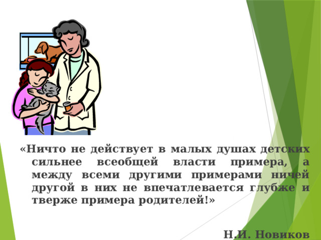 «Ничто не действует в малых душах детских сильнее всеобщей власти примера, а между всеми другими примерами ничей другой в них не впечатлевается глубже и тверже примера родителей!»  Н.И. Новиков 