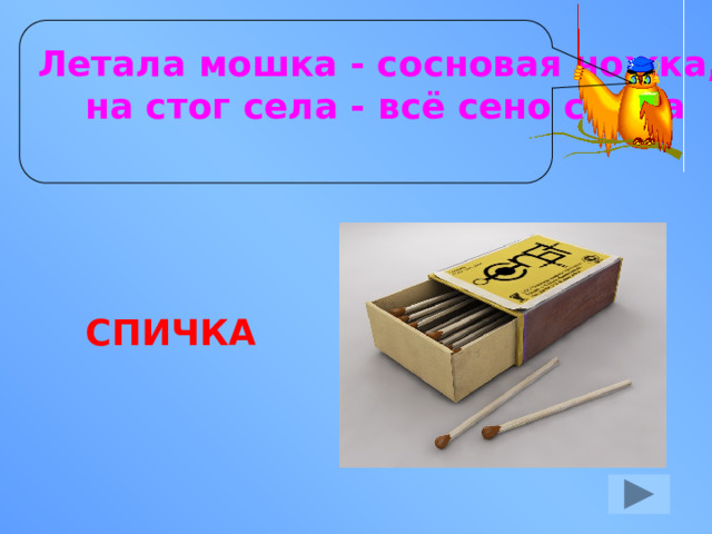 Летала мошка - сосновая ножка, на стог села - всё сено съела СПИЧКА 